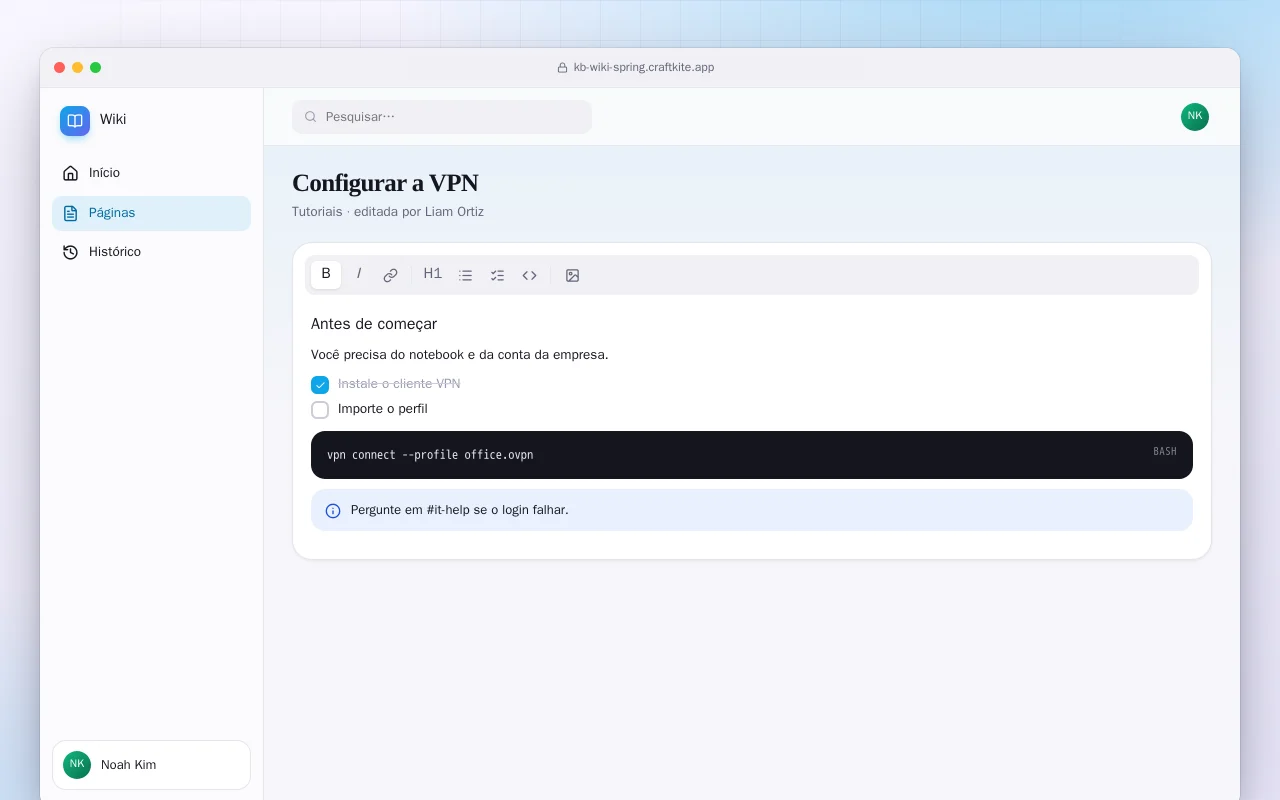 Wiki da equipe (Spring Boot): a tela Configurar a VPN