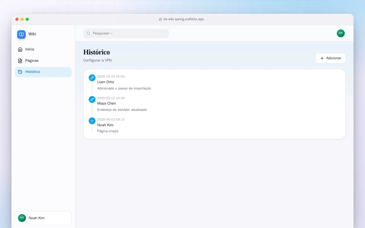 Wiki da equipe (Spring Boot): a tela Histórico