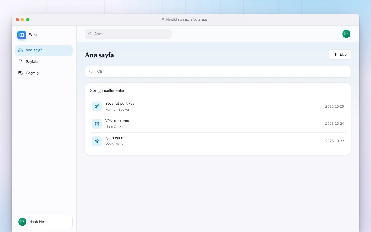 Ekip Wikisi (Spring Boot): Ana sayfa ekranı
