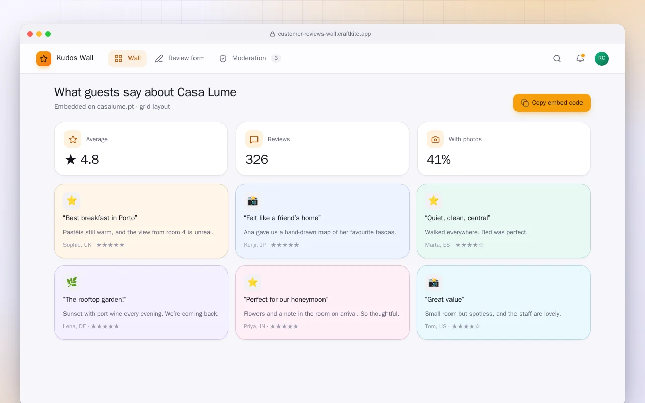 Customer reviews wall: the What guests say about Casa Lume screen