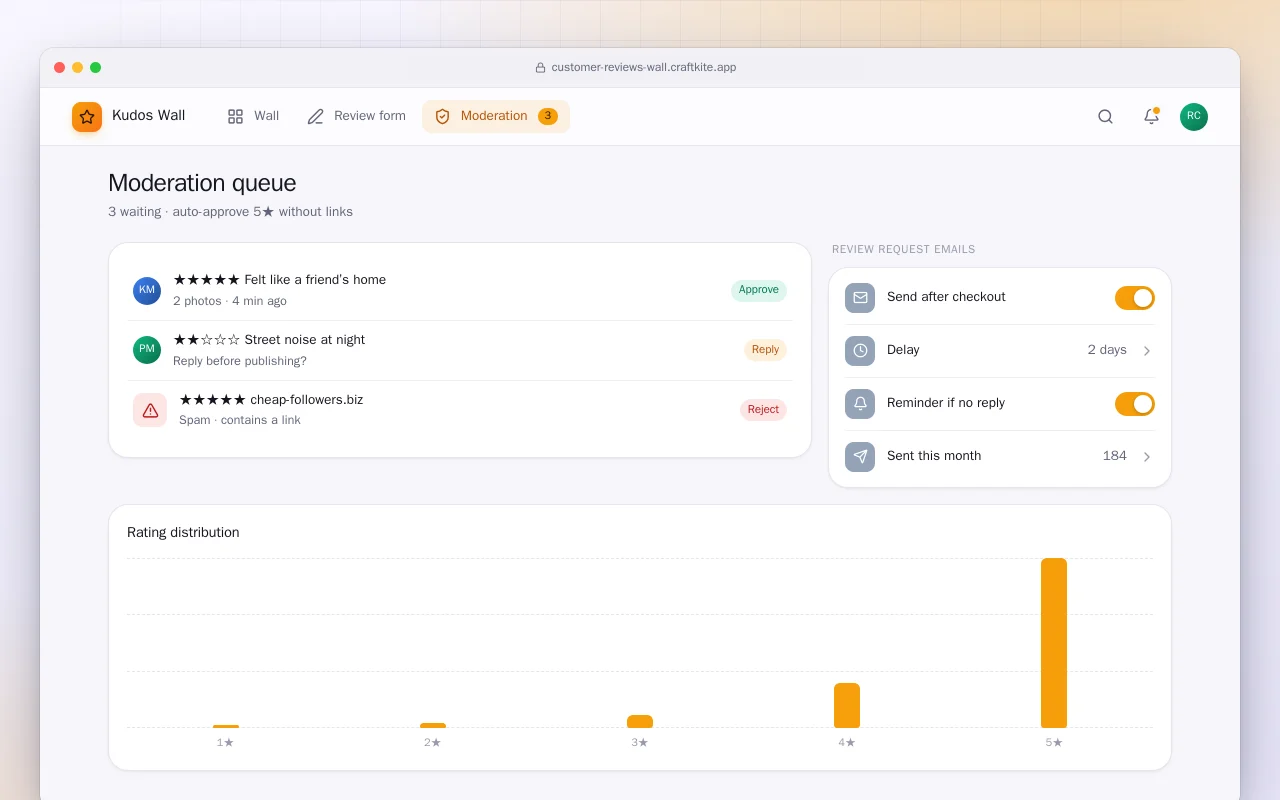 Customer reviews wall: the Moderation queue screen