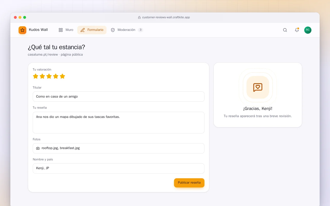 Muro de reseñas de clientes: la pantalla ¿Qué tal tu estancia?