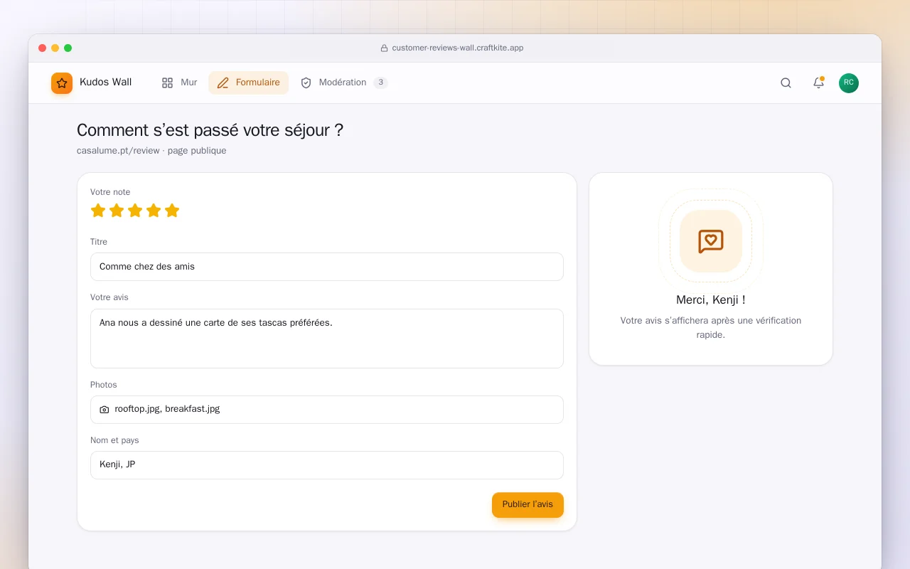 Mur d’avis clients : l’écran Comment s’est passé votre séjour ?