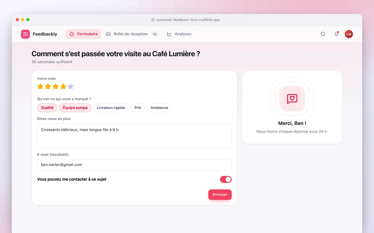 Formulaire d’avis clients : l’écran Comment s’est passée votre visite au Café Lumière ?