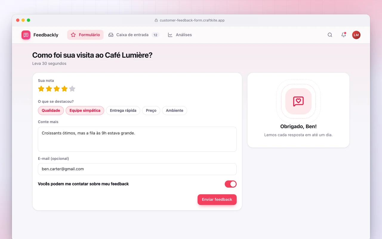 Formulário de feedback de clientes: a tela Como foi sua visita ao Café Lumière?