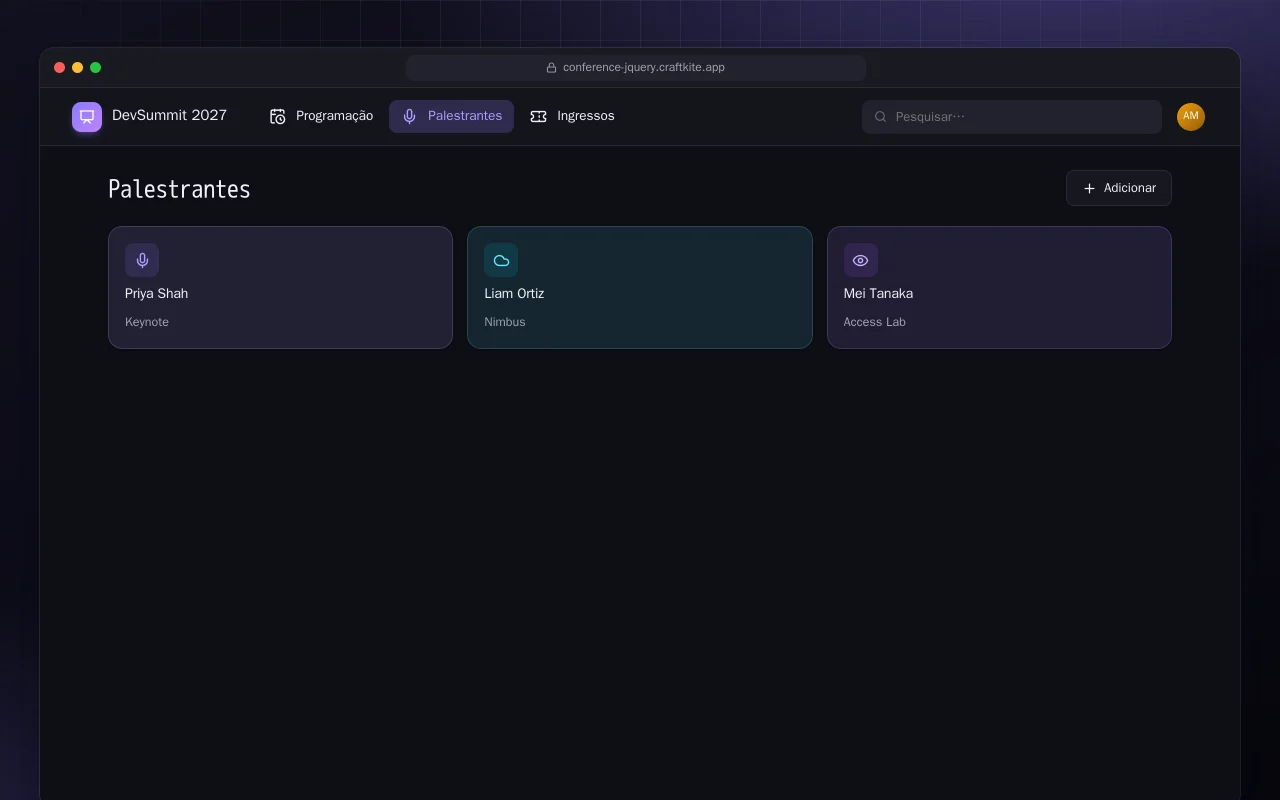 Site de conferência (HTML): a tela Palestrantes