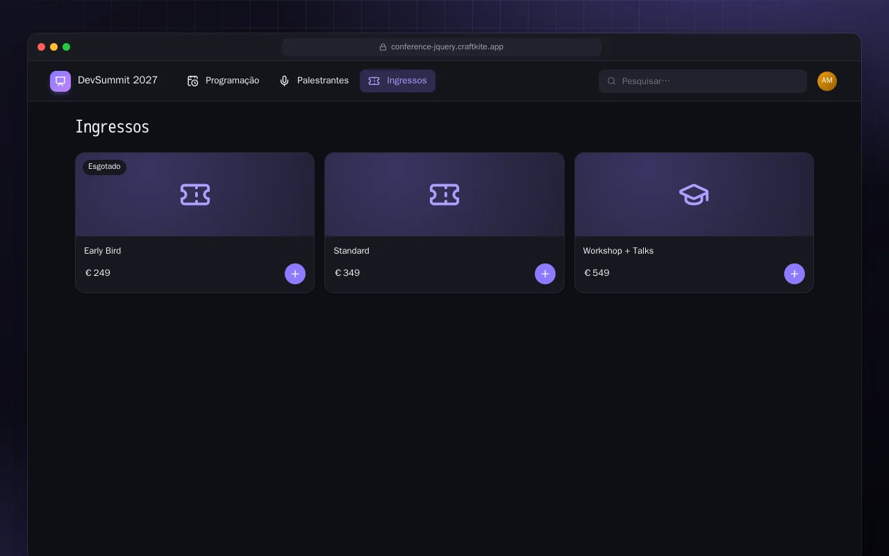 Site de conferência (HTML): a tela Ingressos