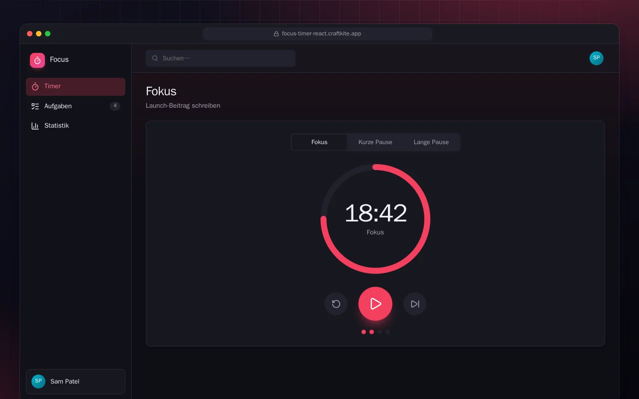 Fokus-Timer (React): der Bildschirm „Fokus“