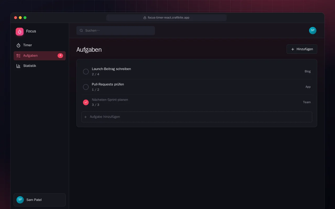 Fokus-Timer (React): der Bildschirm „Aufgaben“