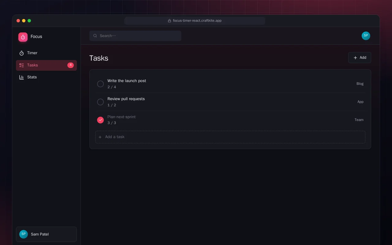 Focus Timer (React): the Tasks screen