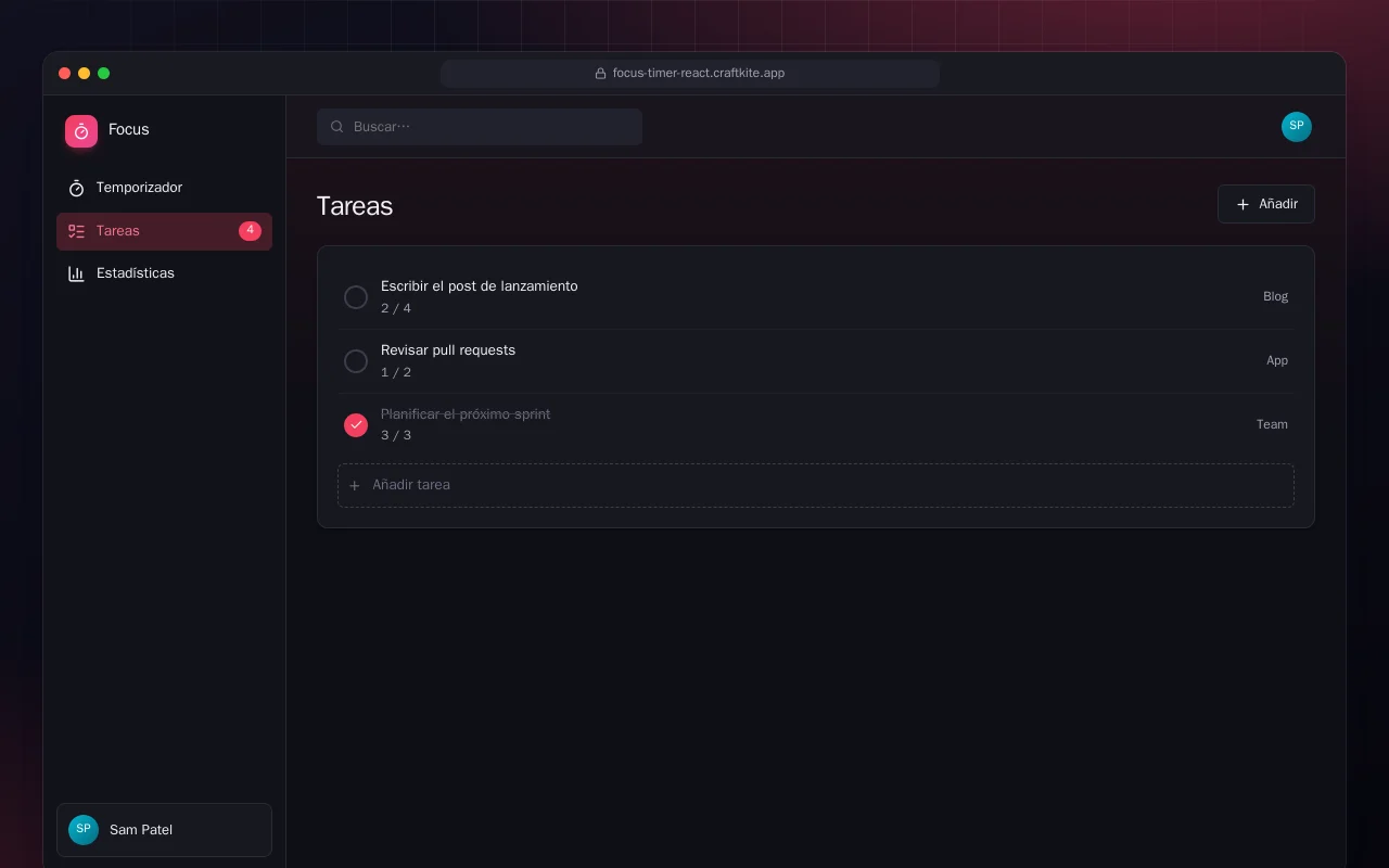 Temporizador de concentración (React): la pantalla Tareas