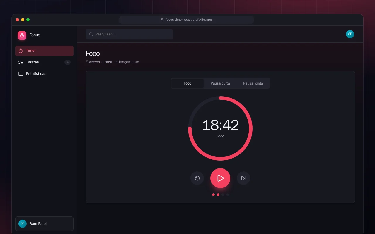 Timer de foco (React): a tela Foco