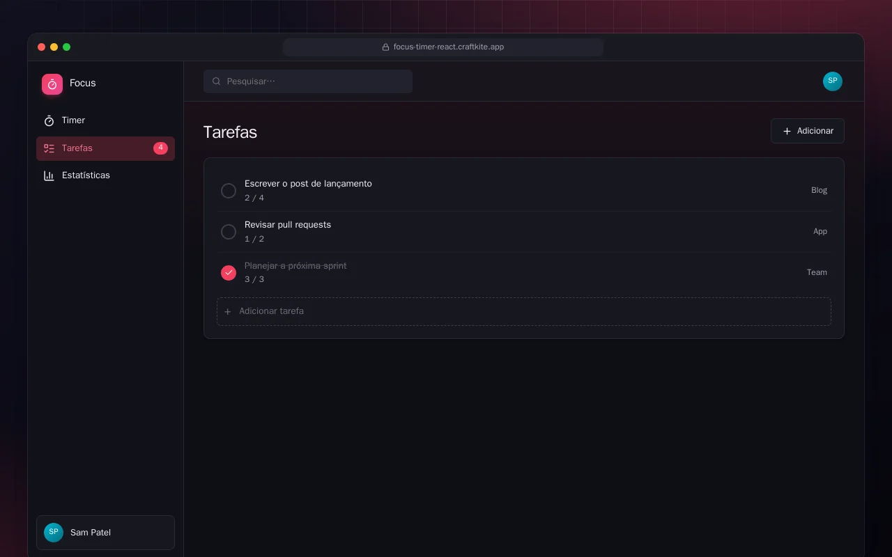 Timer de foco (React): a tela Tarefas