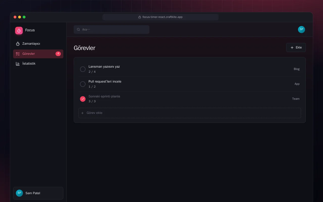 Odak Zamanlayıcı (React): Görevler ekranı