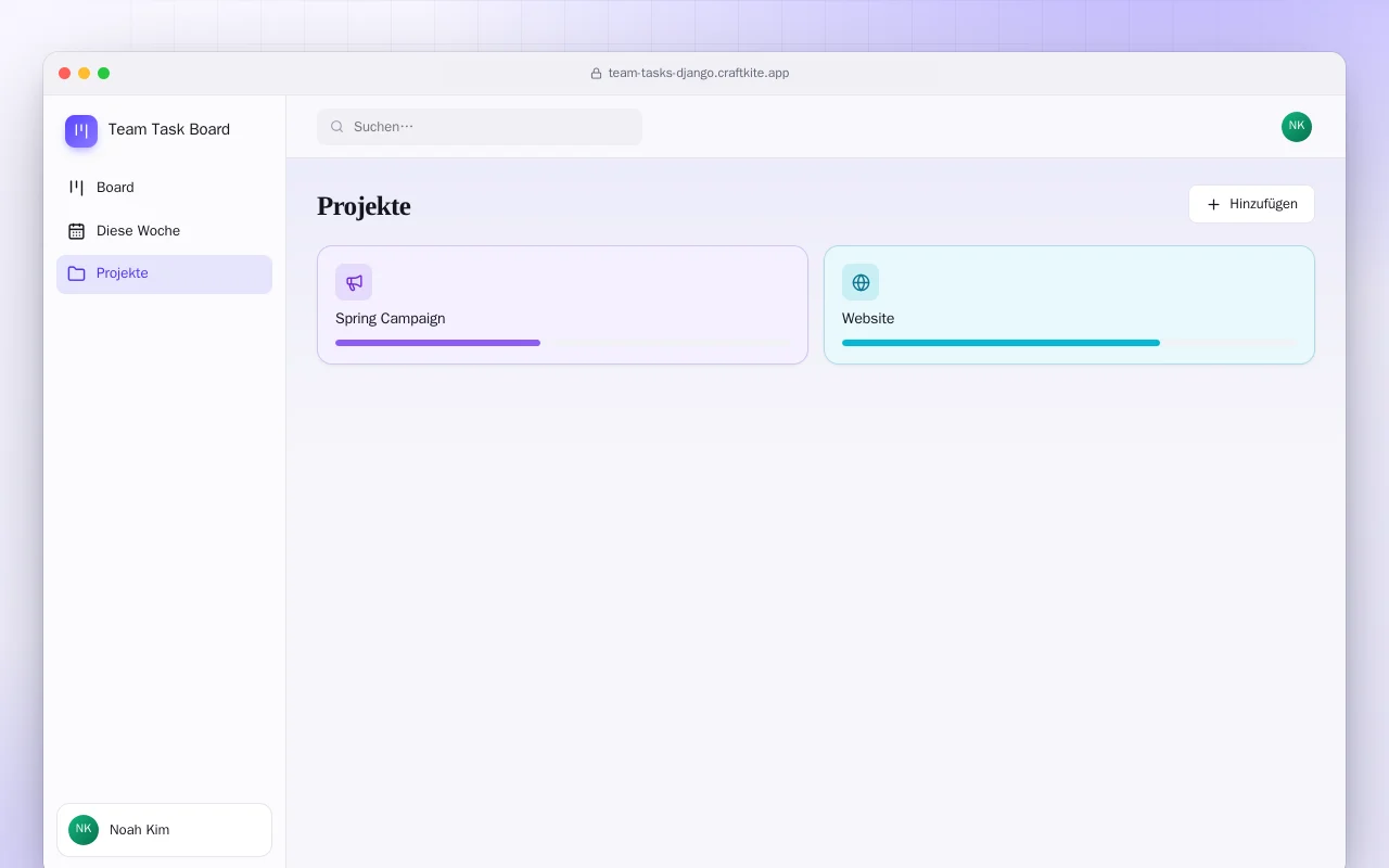 Team-Aufgabenboard (Django): der Bildschirm „Projekte“
