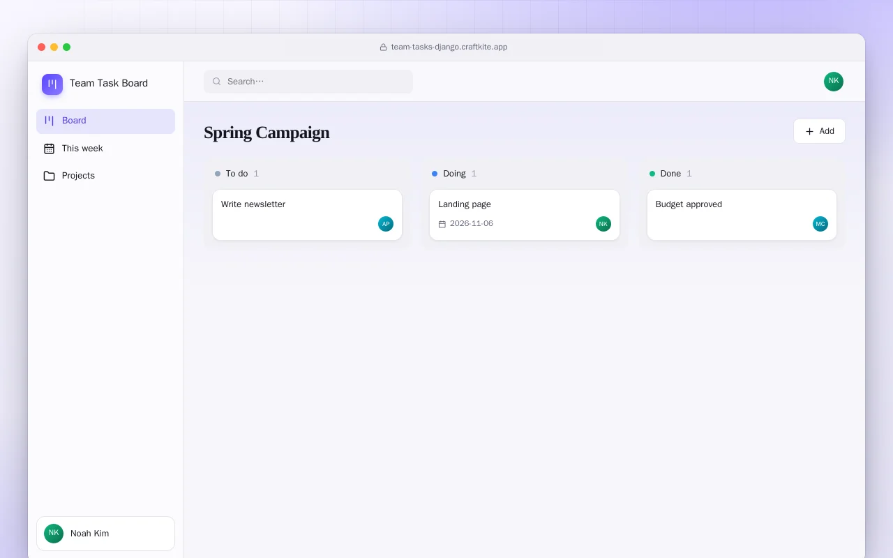 Team Task Board (Django): the Spring Campaign screen