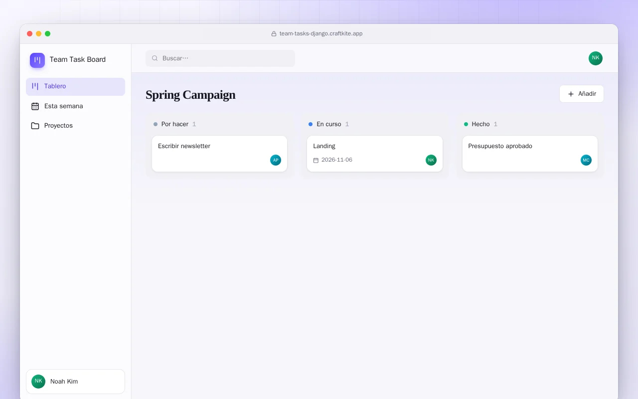 Tablero de tareas del equipo (Django): la pantalla Spring Campaign