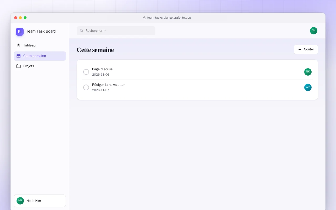 Tableau de tâches d’équipe (Django) : l’écran Cette semaine