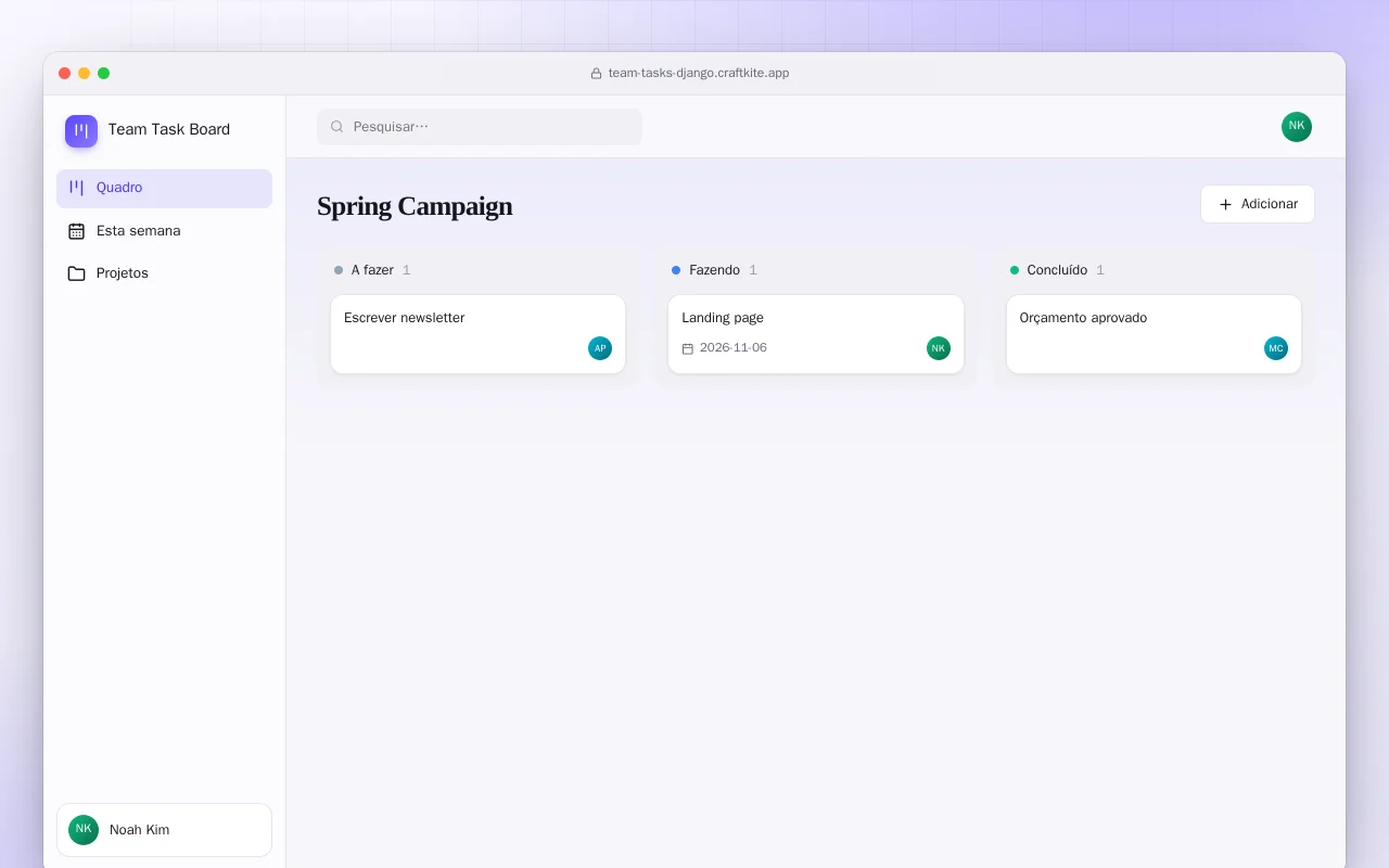 Quadro de tarefas da equipe (Django): a tela Spring Campaign
