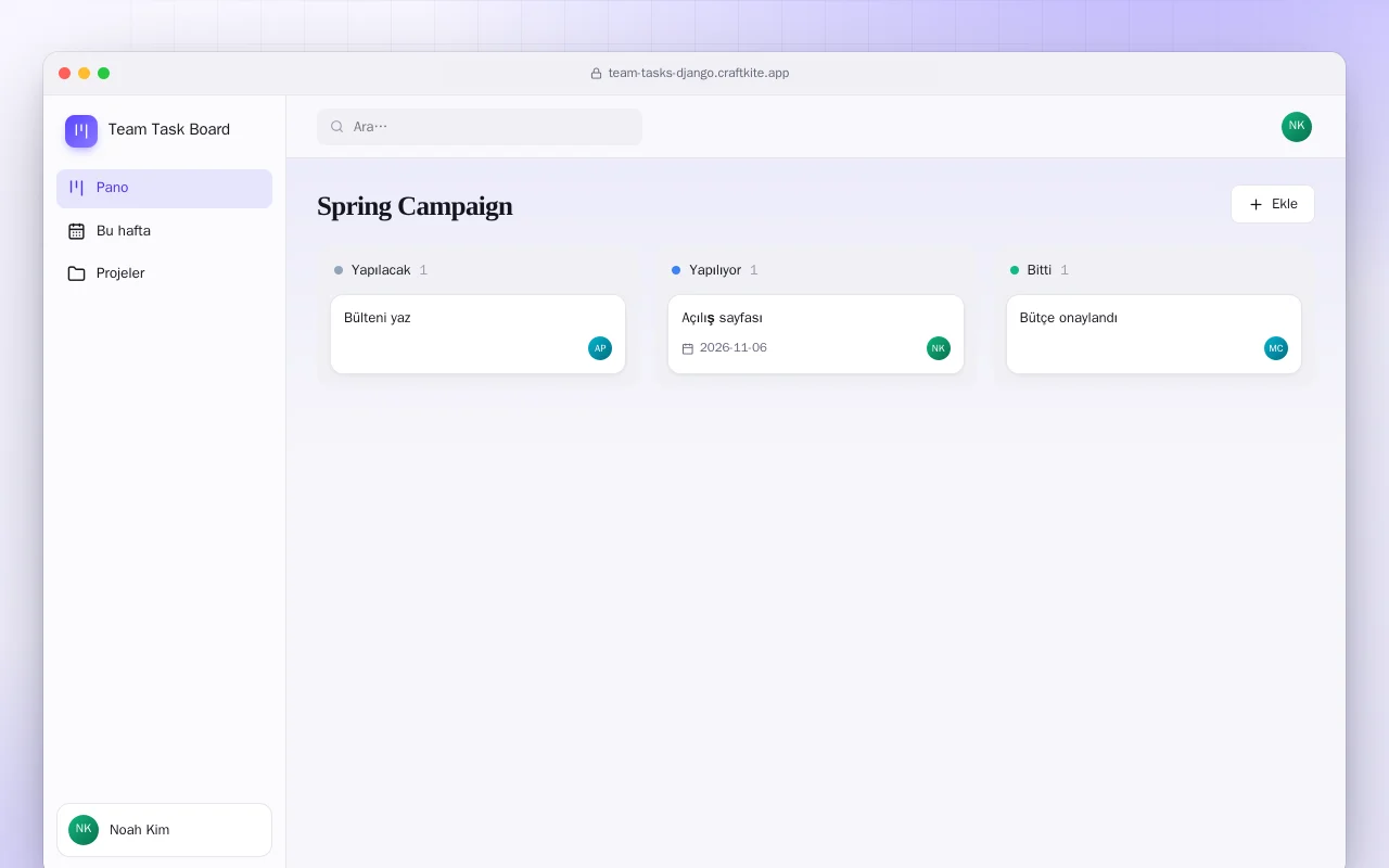 Ekip Görev Panosu (Django): Spring Campaign ekranı