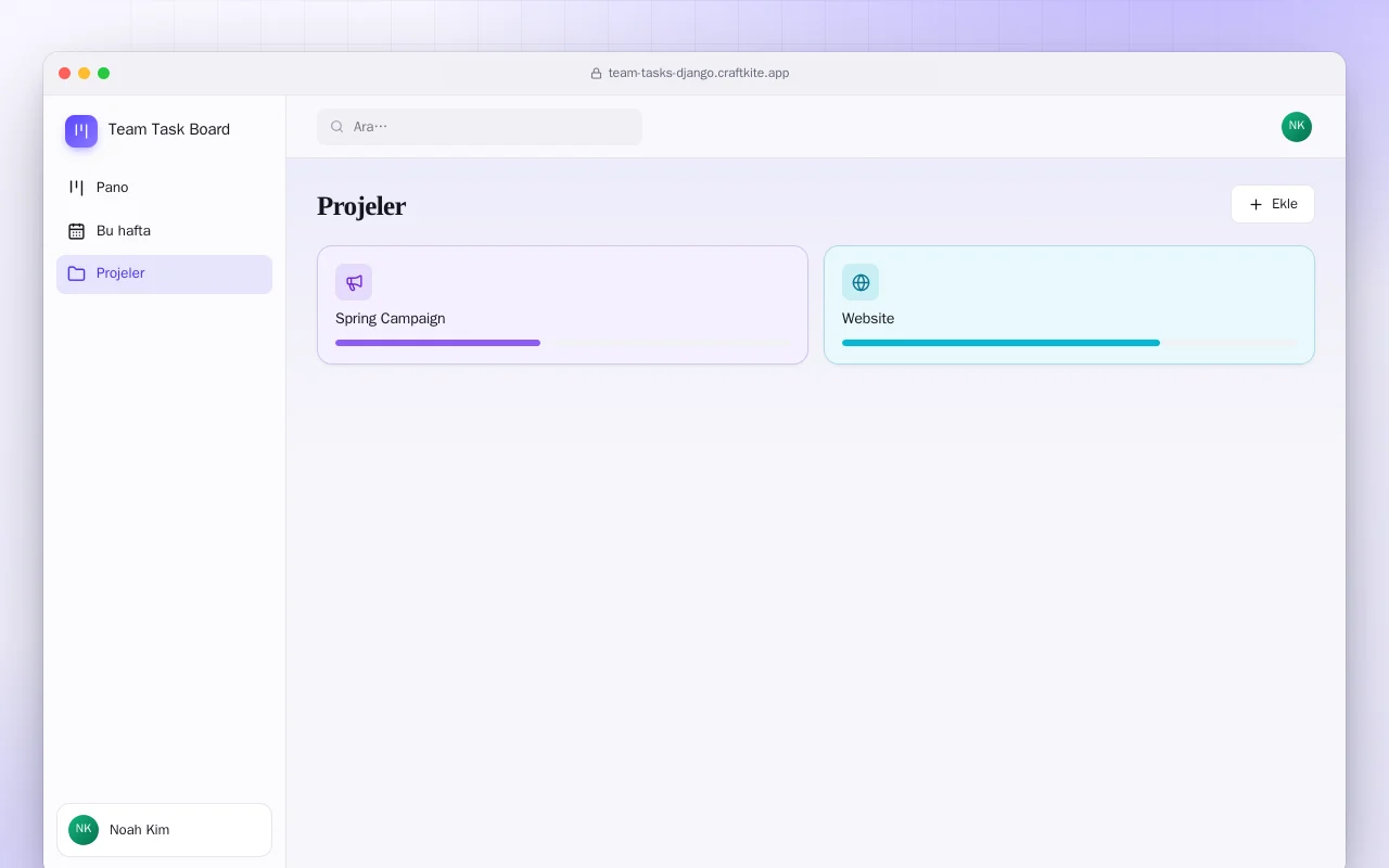 Ekip Görev Panosu (Django): Projeler ekranı