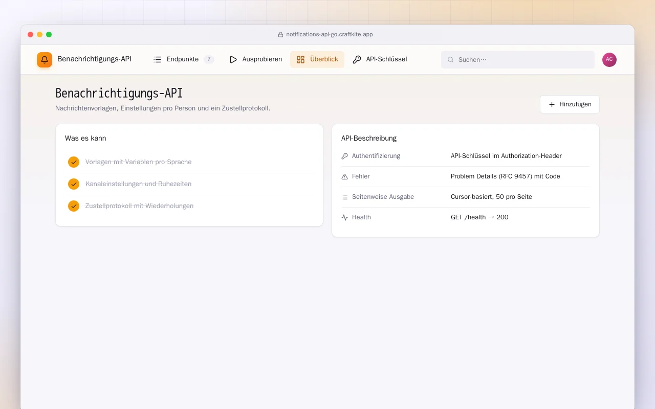 Benachrichtigungs-API (Go): der Bildschirm „Benachrichtigungs-API“