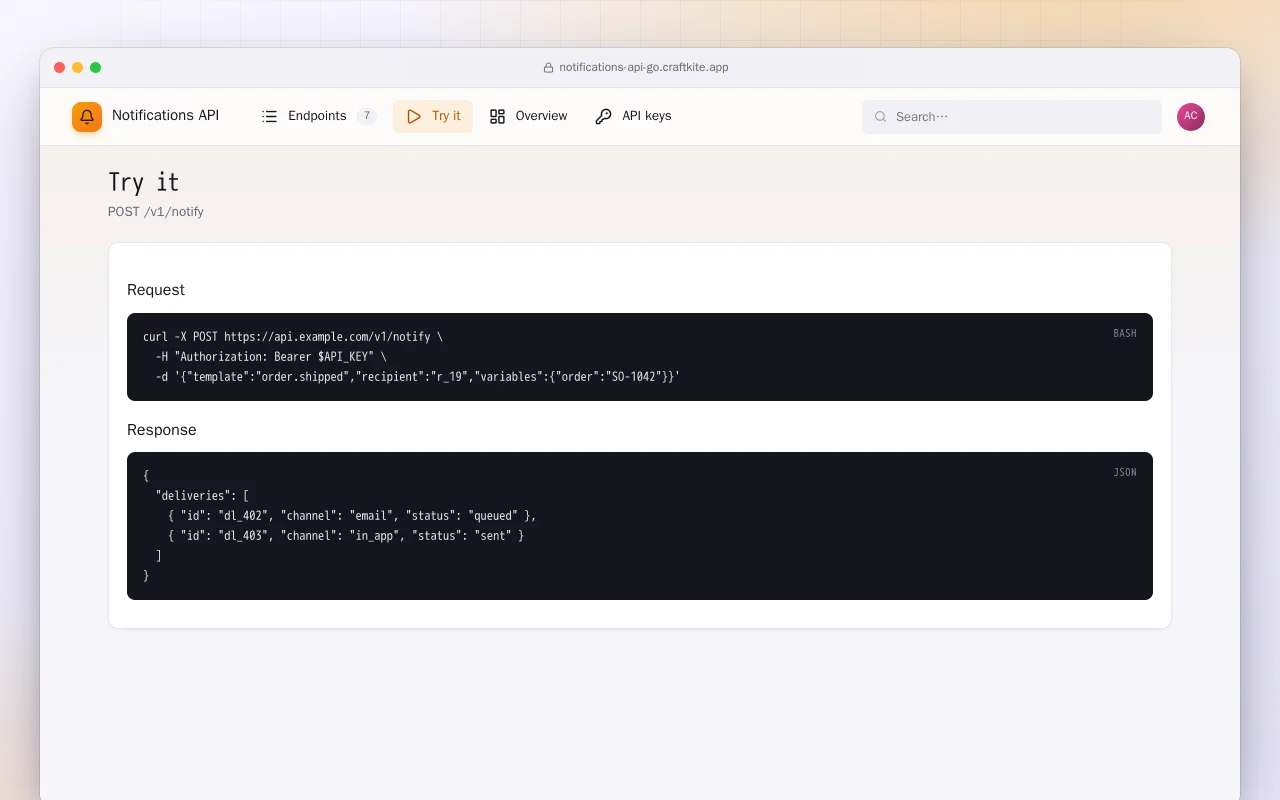 Notifications API (Go): the Try it screen