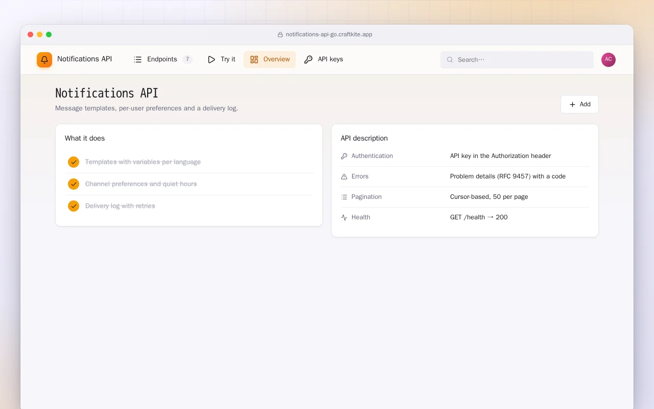 Notifications API (Go): the Notifications API screen