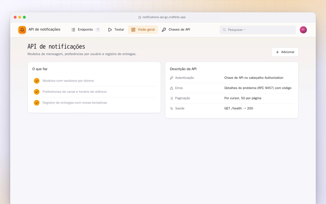 API de notificações (Go): a tela API de notificações