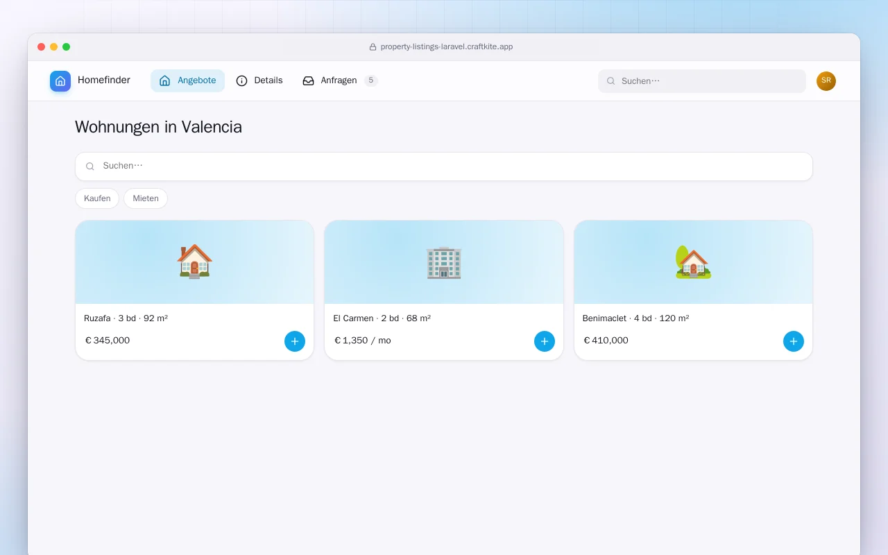 Immobilienangebote (Laravel): der Bildschirm „Wohnungen in Valencia“