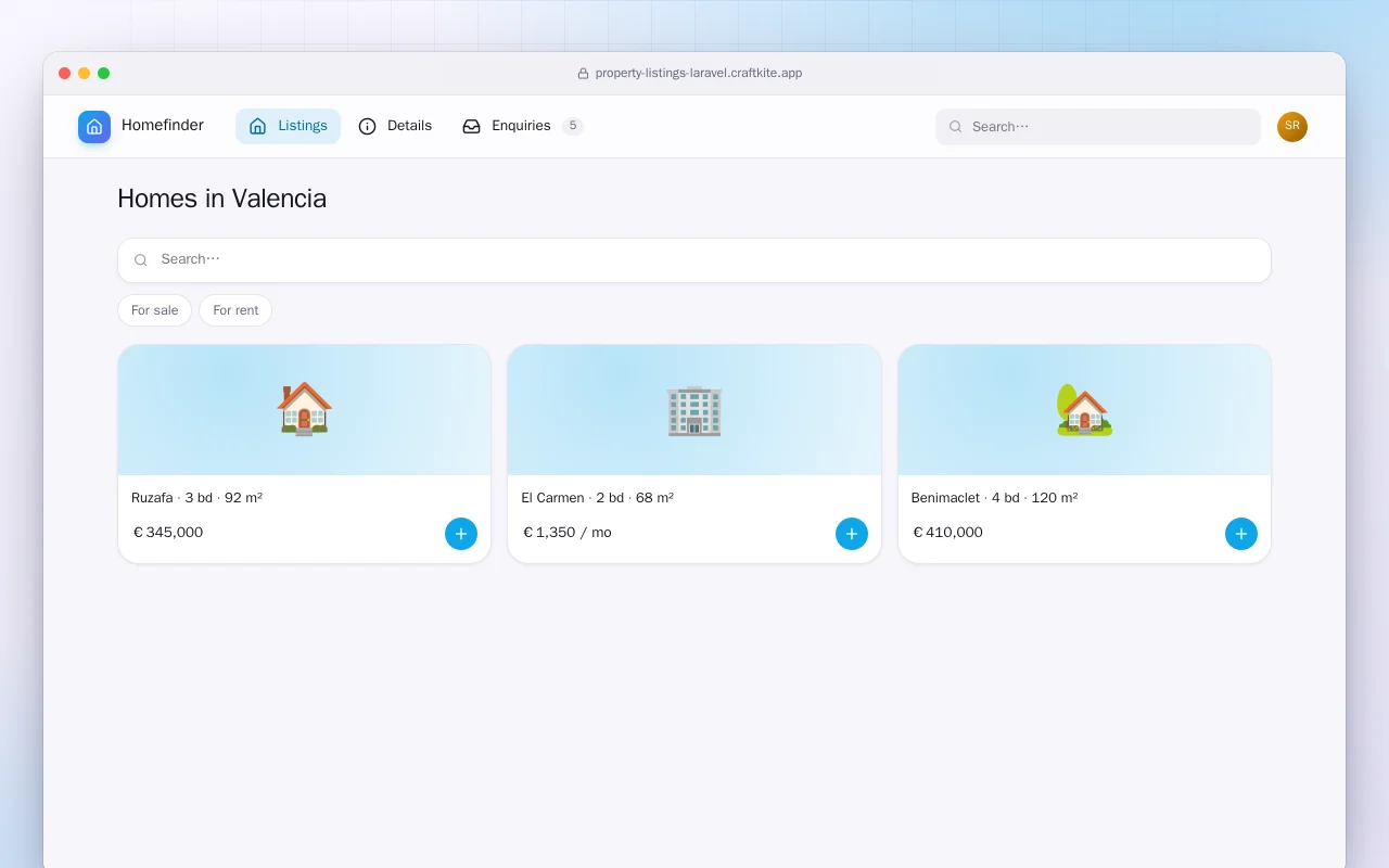 Property Listings (Laravel): the Homes in Valencia screen