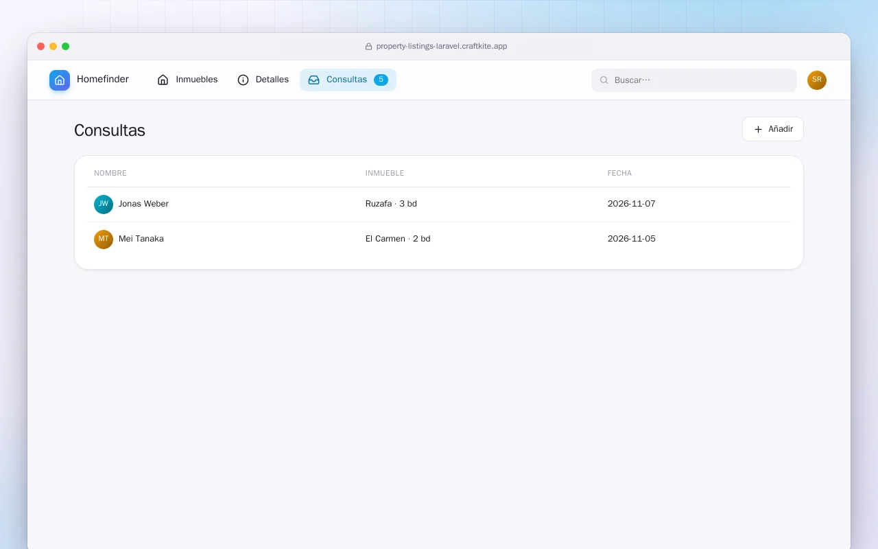 Anuncios inmobiliarios (Laravel): la pantalla Consultas