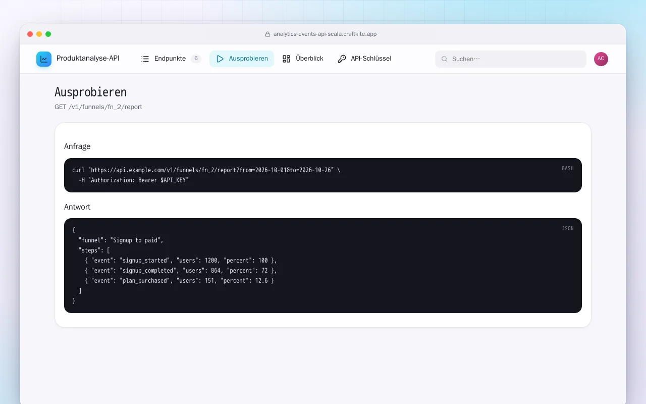 Produktanalyse-API (Scala): der Bildschirm „Ausprobieren“