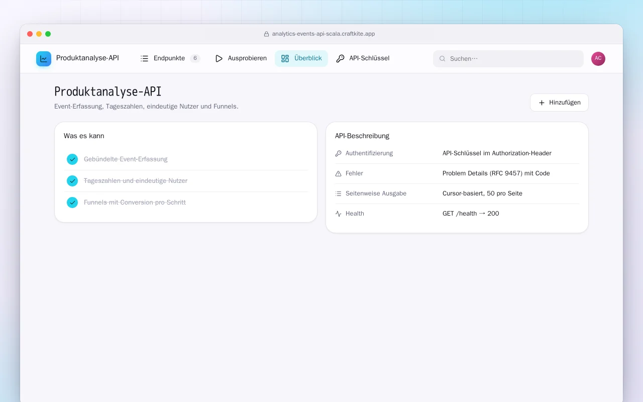Produktanalyse-API (Scala): der Bildschirm „Produktanalyse-API“