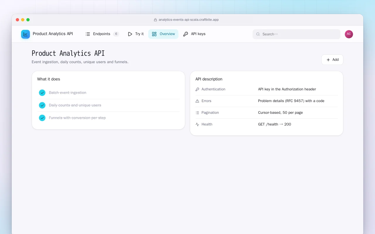 Product Analytics API (Scala): the Product Analytics API screen