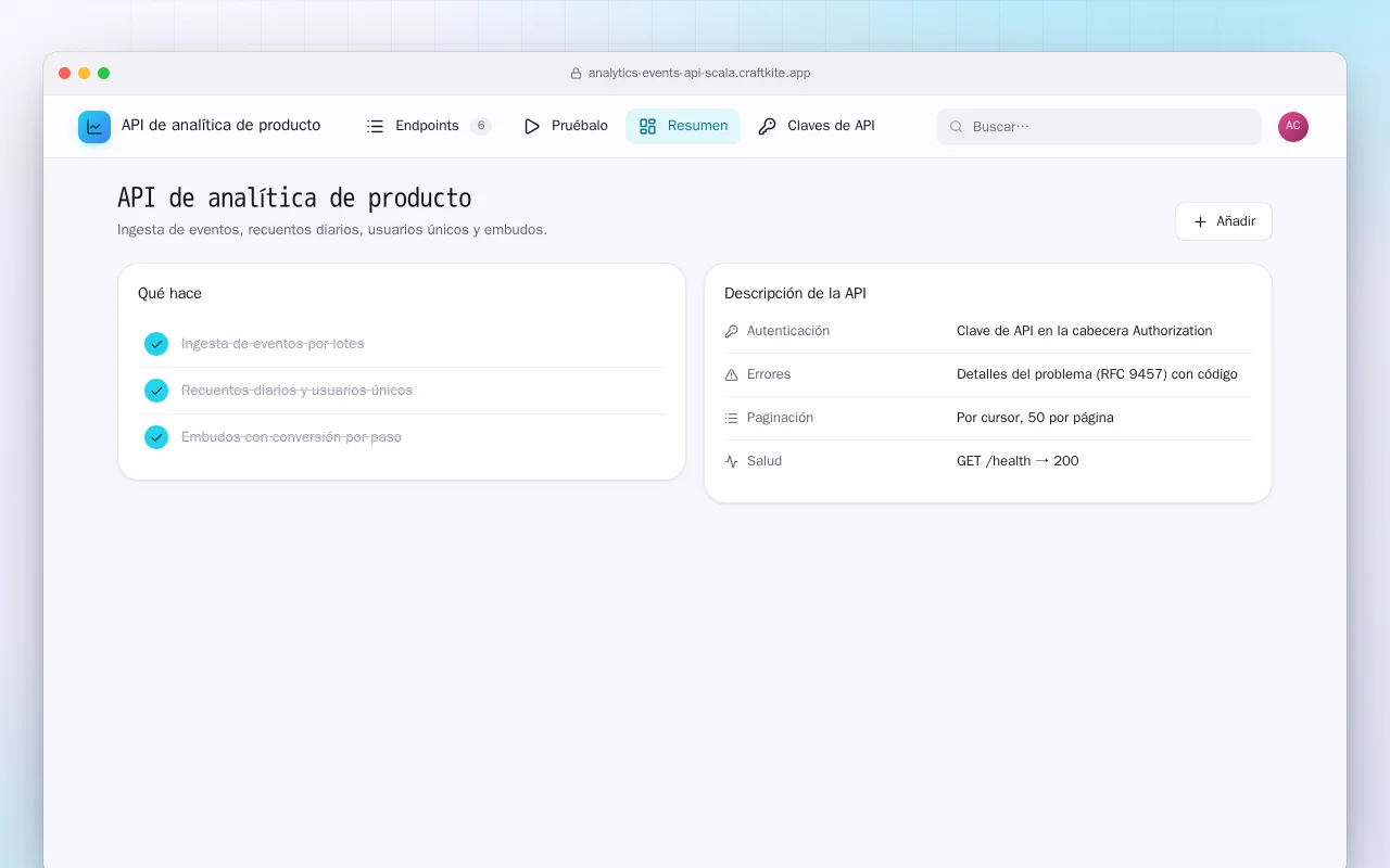 API de analítica de producto (Scala): la pantalla API de analítica de producto