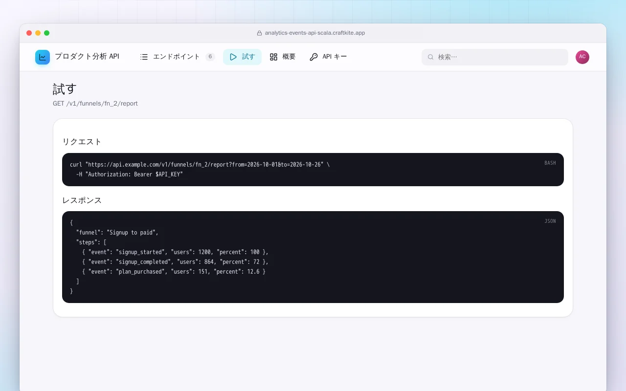 プロダクト分析 API（Scala）：試す画面