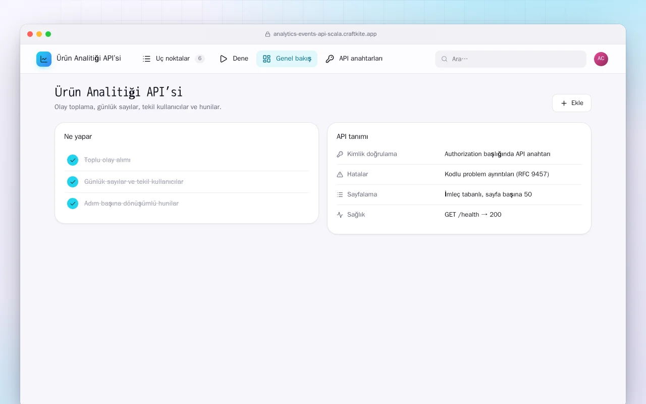 Ürün Analitiği API’si (Scala): Ürün Analitiği API’si ekranı