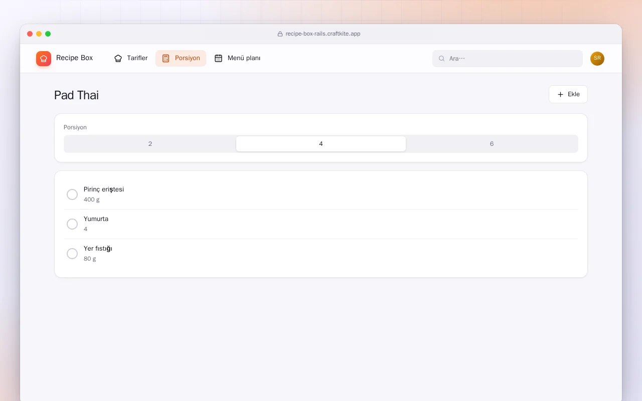 Tarif Kutusu (Rails): Pad Thai ekranı