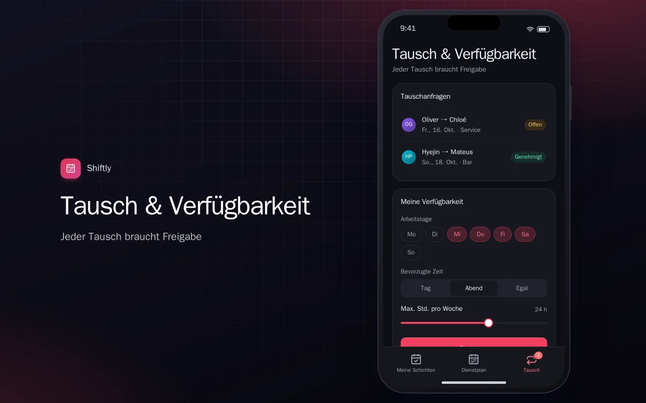 Schichtplan fürs Team: der Bildschirm „Tausch & Verfügbarkeit“