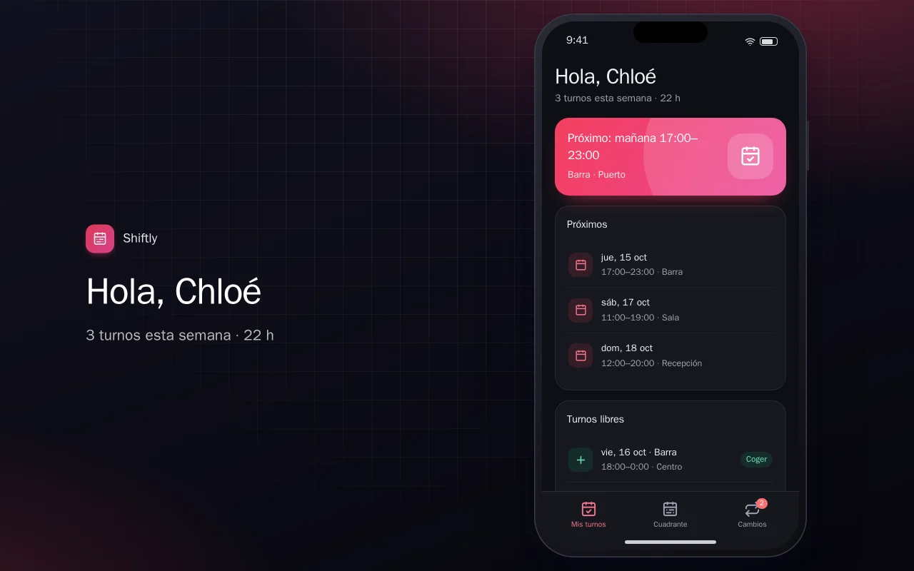 Cuadrante de turnos: la pantalla Hola, Chloé