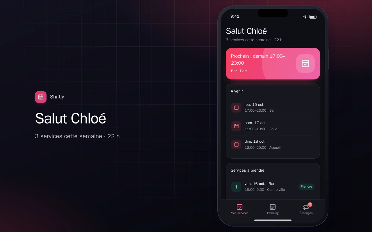 Planning des équipes : l’écran Salut Chloé
