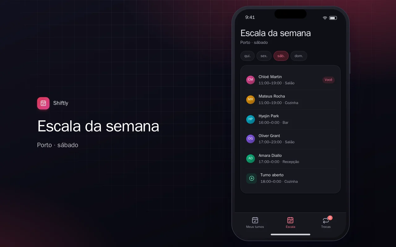 Escala de turnos da equipe: a tela Escala da semana