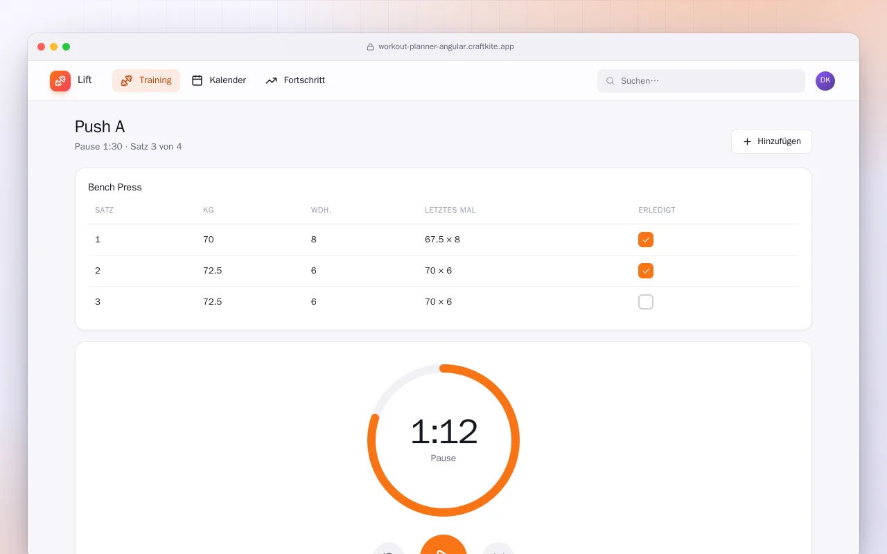 Trainingsplaner (Angular): der Bildschirm „Push A“