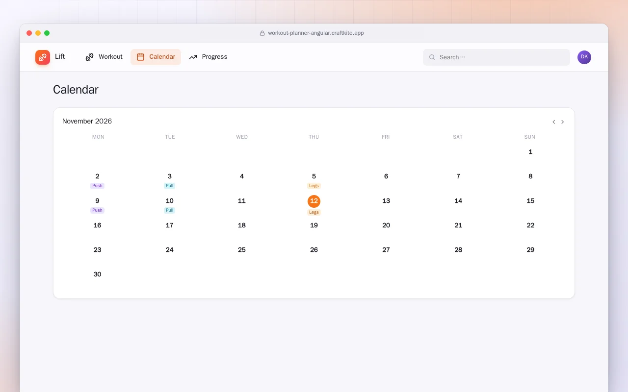 Workout Planner (Angular): the Calendar screen