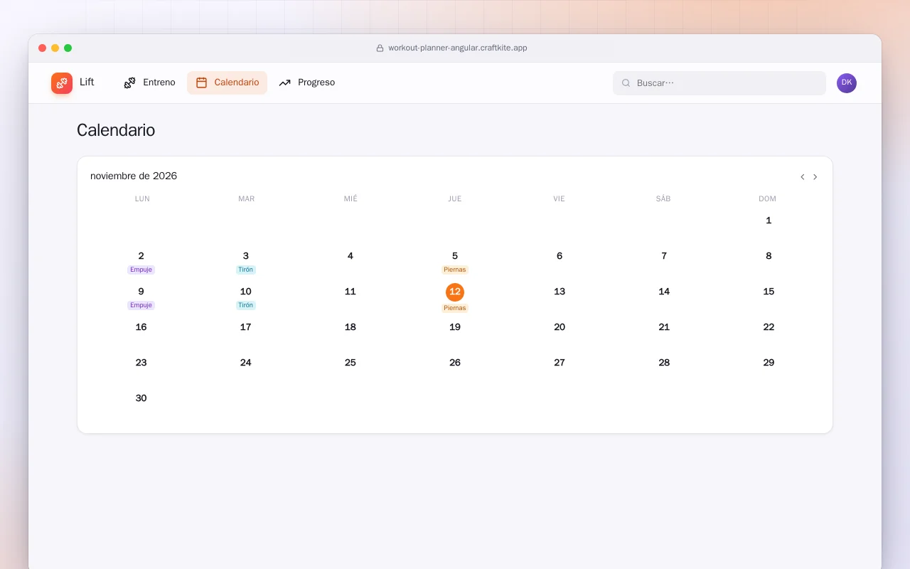 Planificador de entrenos (Angular): la pantalla Calendario