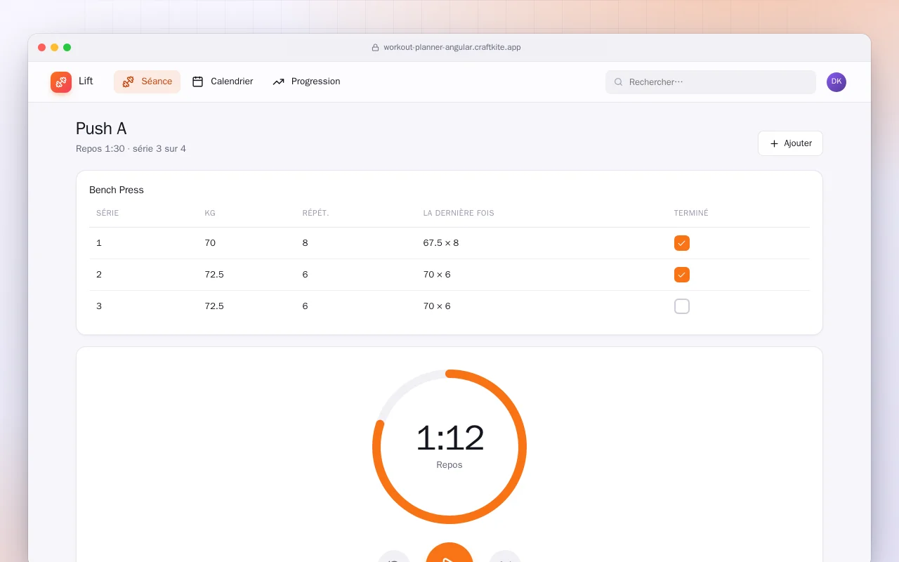 Planificateur d’entraînement (Angular) : l’écran Push A