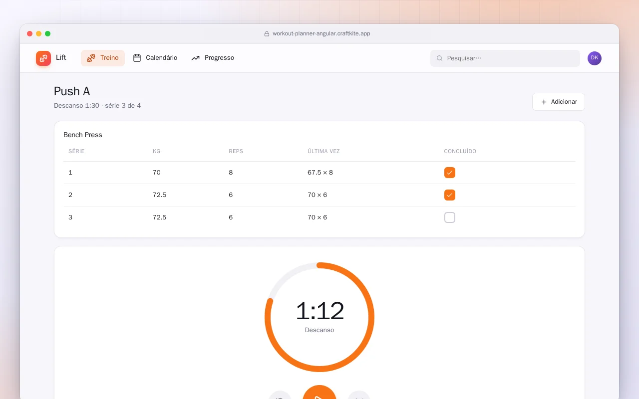 Planejador de treinos (Angular): a tela Push A