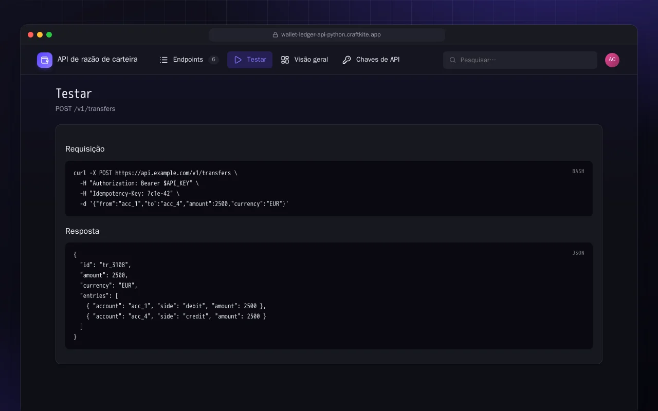 API de razão de carteira (Python): a tela Testar