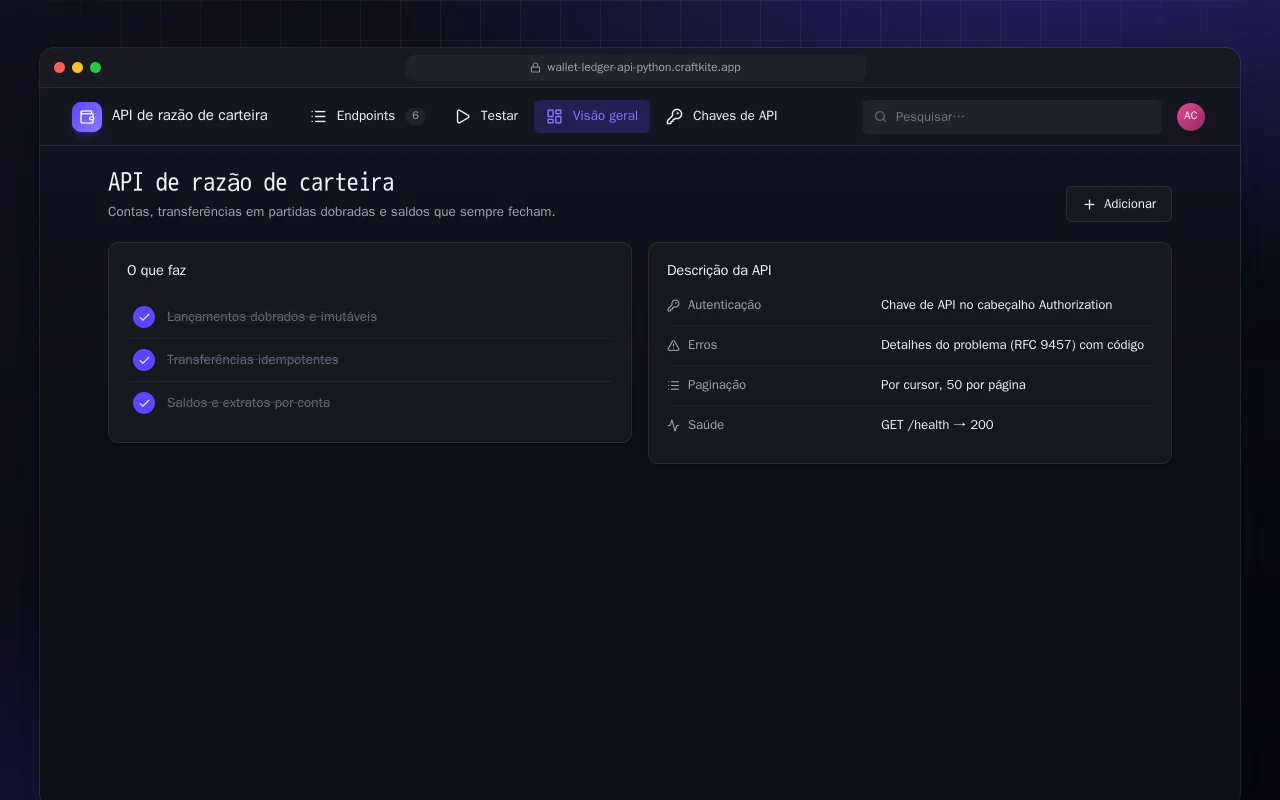 API de razão de carteira (Python): a tela API de razão de carteira